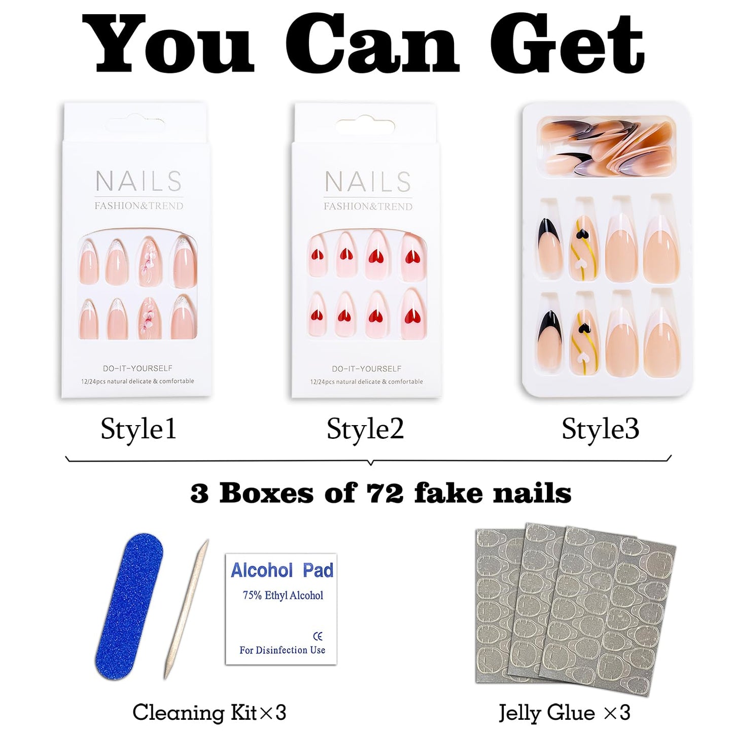 72PCS (3 Boxes) Press on Nails Medium Design, Medium Fake Nails Almond French False Nails with Floral Love Glue Acrylic Nails for Women & Girls 24pcs