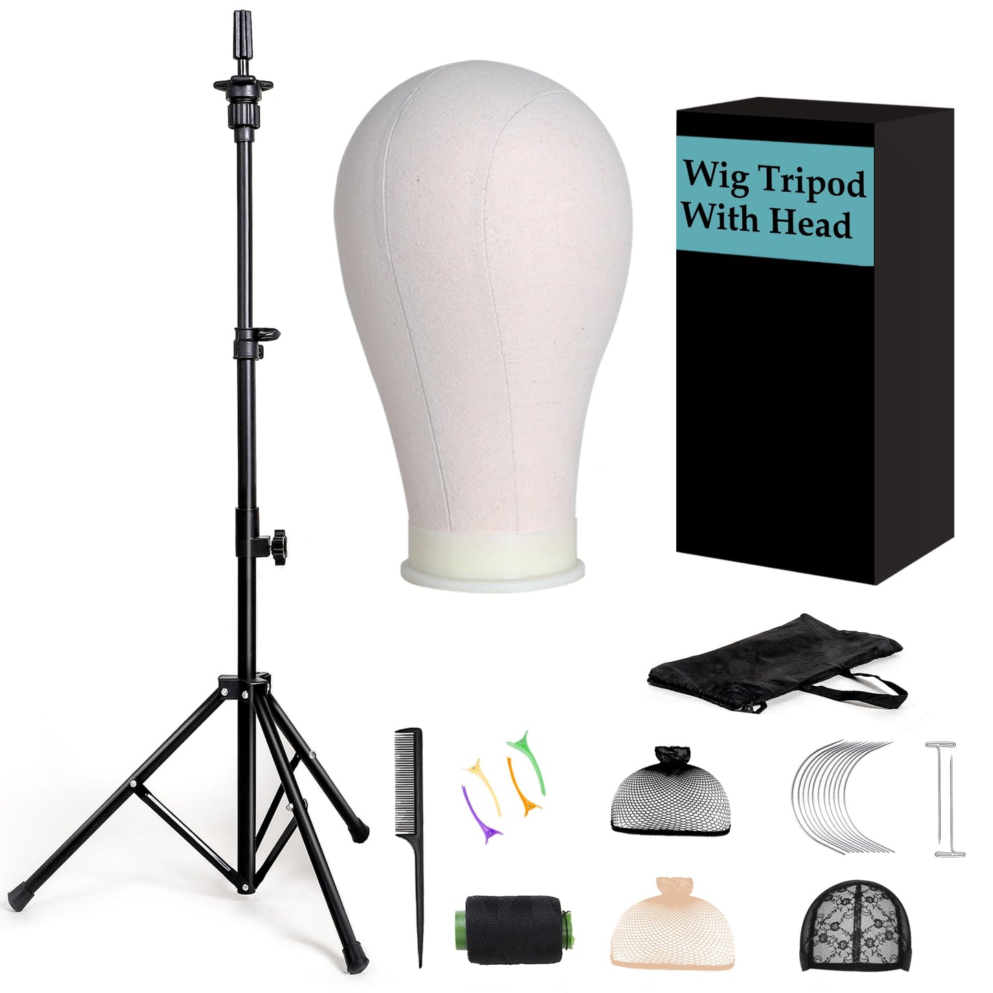 Goodofferplace Tall Wig Tripod Stand with Head,23 Inch Wig Head Stand with Canvas Mannequin Head for Styling,Wig Making Display,with Wig Caps,T-PIN,C Needles,Clips,Carrying Bag,Comb(37.4-50.8 Inch)