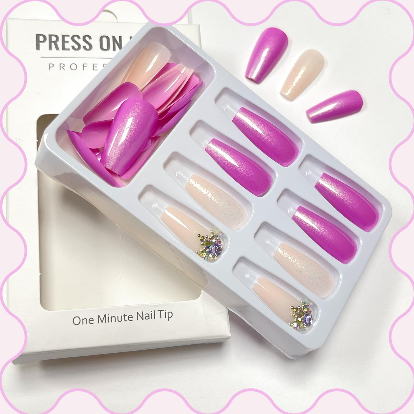 Long Press on Nails Glossy Long Fake Nails Coffin Press on Nails Square Purple Pink False Nails with Glitter & Rhinestones Design Acrylic Nails Press on Artificial Nails Stick on Nails For Women-24Pcs