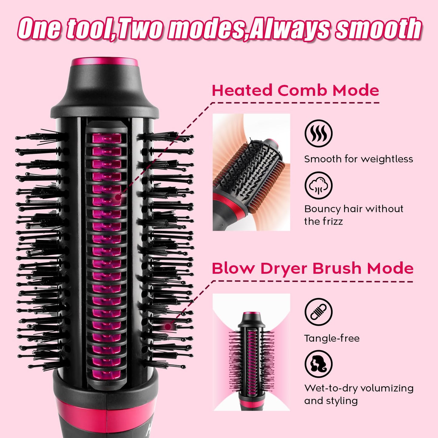 Harael Blow Dryer Brush Hair Dryer Brush in One, 4 in 1 for Drying Straightening Curling Volumizing Hair, Heated Comb+Blow Dryer Brush, Dual Mode Hot Air Brush for All Hair Types, Black Pink