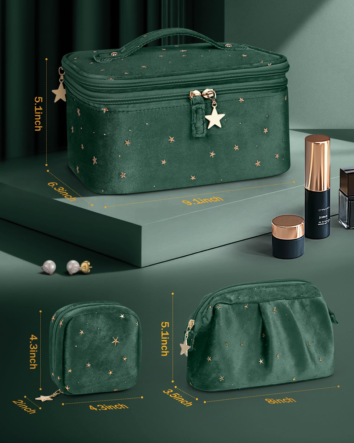 Wedama Makeup Bag, Double-layer Cosmetic Bag with Jewelry Storage and Brush Holders 3 Pcs Velvet Makeup Bag Set Travel Makeup Organizer Bags Cosmetic Case Toiletry Bag for Women Girls, Dark Green