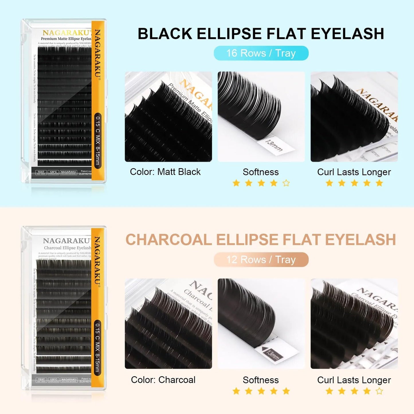 NAGARAKU Double Tips Ellipse Eyelash Extensions Lighter Thinner Split Tips Flat False Lashes 5 Trays in 1 Pack 0.15 D curl 11/12/13/14/15mm Soft Faux Mink Individual False Lash 16 Rows