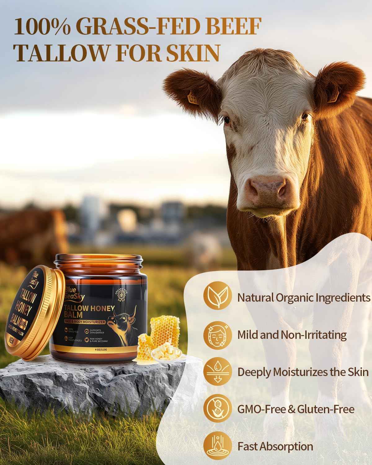 Upgraded Beef Tallow for Skin Handmade Whipped Organic Grass-Fed Tallow Balm with Raw Wild Honey for Eczema & Rosacea,Non-Comedogenic Face,Body Moisturizer for Dry, Sensitive Skin - 4oz Unscented