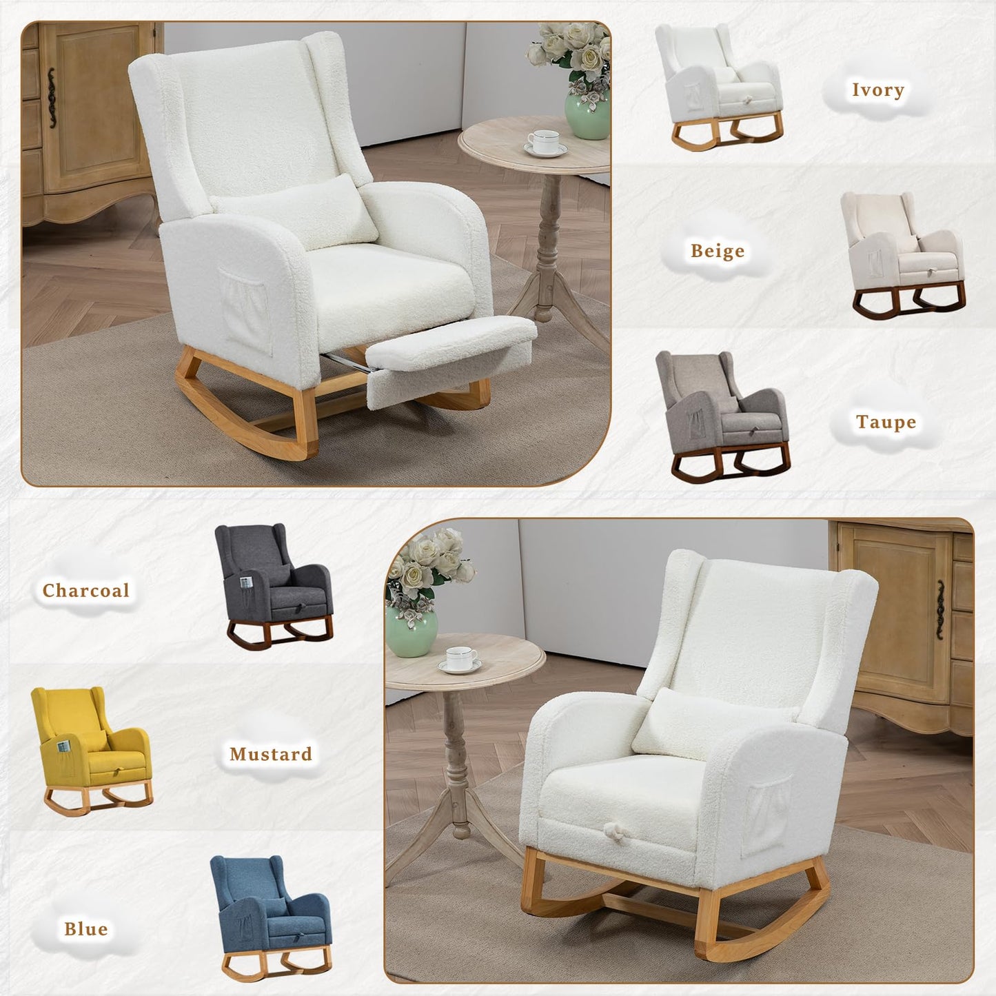 Modern Rocking Chair Nursery Glider, Comfy Rocker Nursery Chair with Foot Rest, Accent Reading Chair with Pillow and Pocket, Upholstered Lounge Chair with Solid Wood Base for Relaxing, Resting (Ivory)