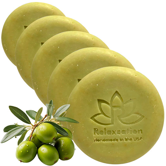 Relaxcation Soap Bar with Organic Olive Oil and Olive Leaves - Anti-aging and Antioxidant Natural Cold Process Soap Handmade in USA (Olive 5-pack)