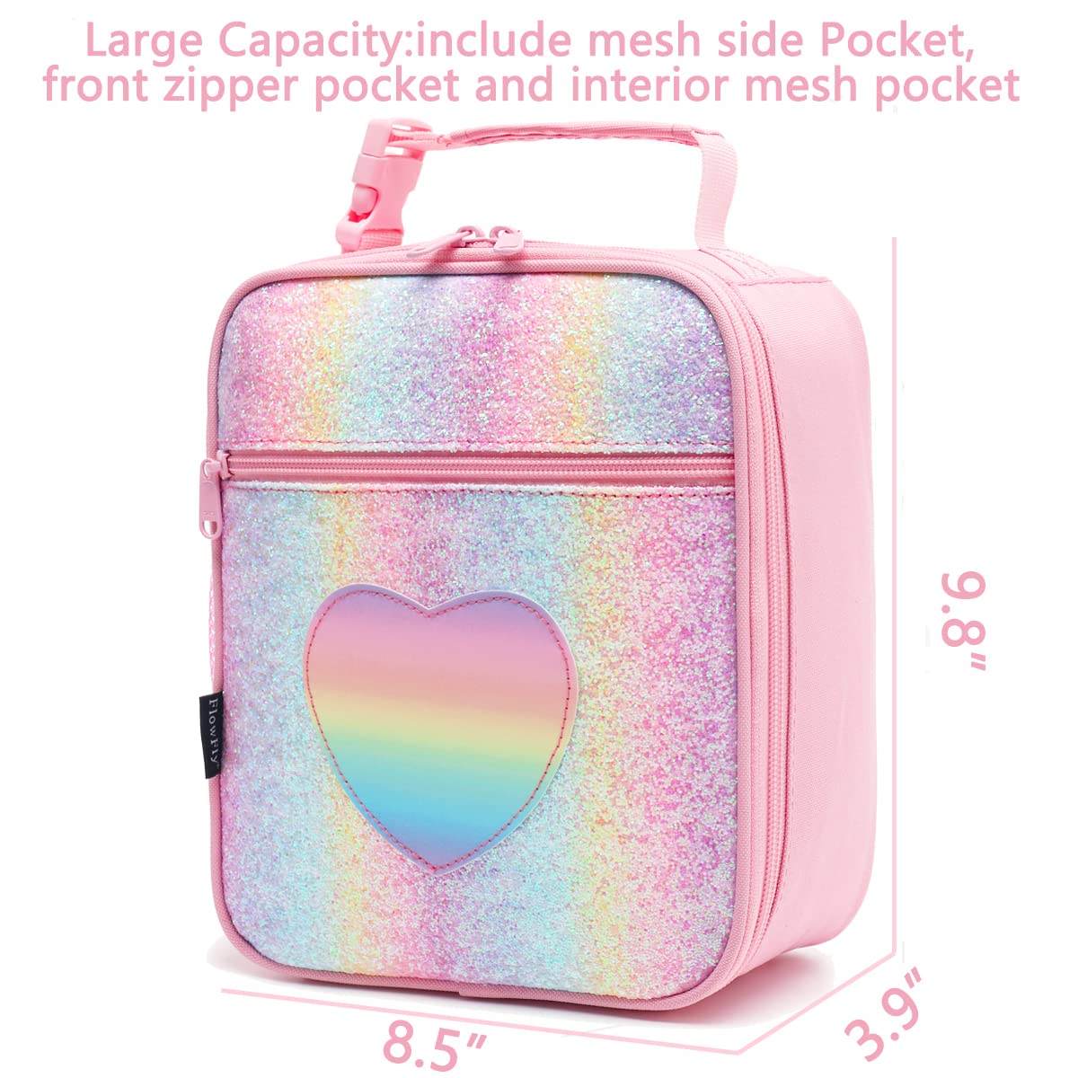 FlowFly Kids Lunch box Insulated Soft Bag Mini Cooler Back to School Thermal Meal Tote Kit for Girls, Boys, Glitter-RainBow