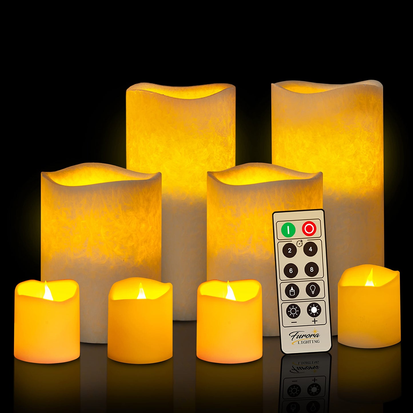 FURORA LIGHTING Ivory Crystallized Real Wax Flickering Candles with Remote and Timer, 4 Pillars and 4 Votives Pack of 8 for Home Décor, Battery Included