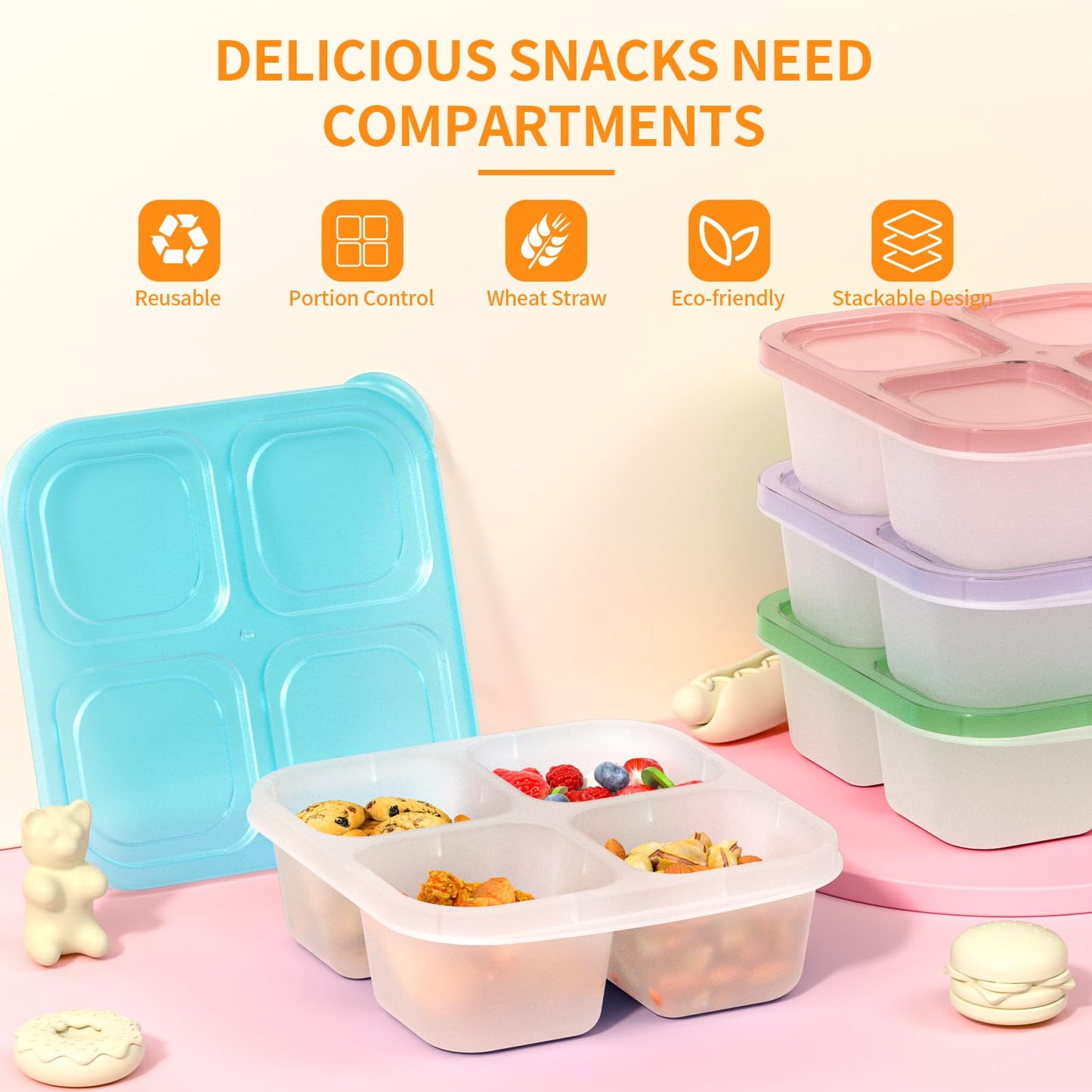 Bento Snack Boxes (4 Pack)- Reusable 4-Compartment Meal Prep Containers for Kids and Adults, Perfect Food Storage Containers for School, Compact and Stackable (Transparent(Red/Green/Blue/Purple))