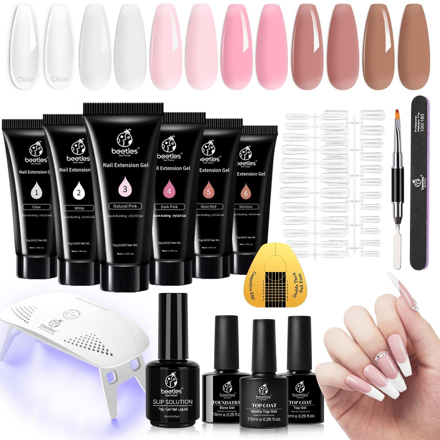 Beetles Poly Extension Gel Nail Kit, 6 colors Nail Builder Gel Nail Enhancement Trial Kit Professional Technician All-in-One French Kit with Mini Nail Lamp Base Matte Top Coat SlipSolution Starter Kit