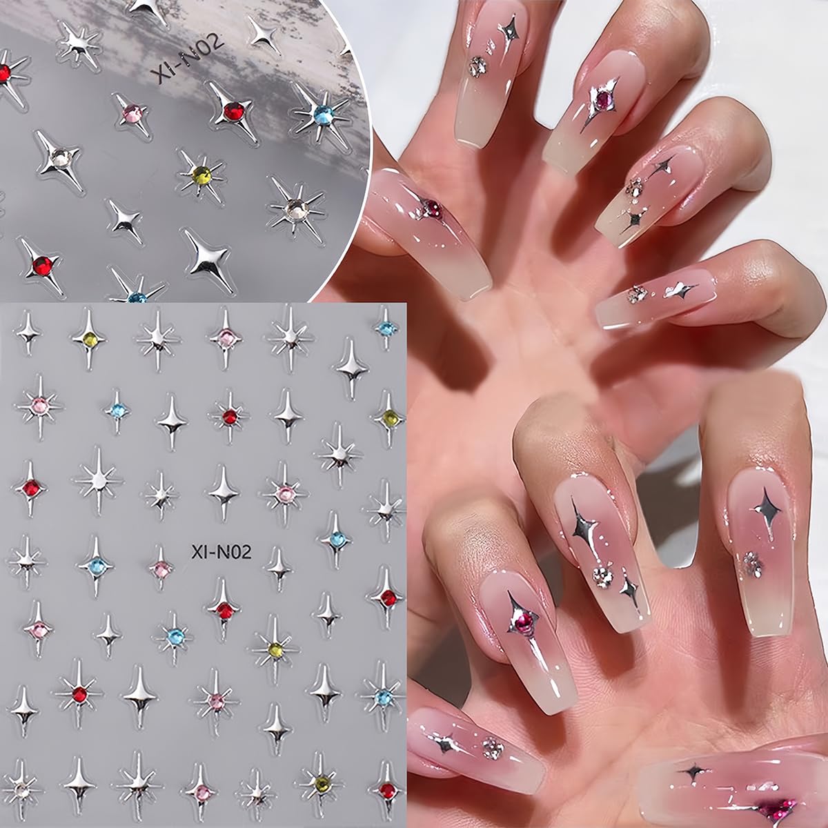 Shiny Crystal Star Nail Stickers for Nail Art, 6 Sheets Shiny White Silver Stars Nail Decals 3D Self-Adhesive Star Nail Designs Sticker Nail Tips DIY Manicure Decoration Supplies for Women and Girls