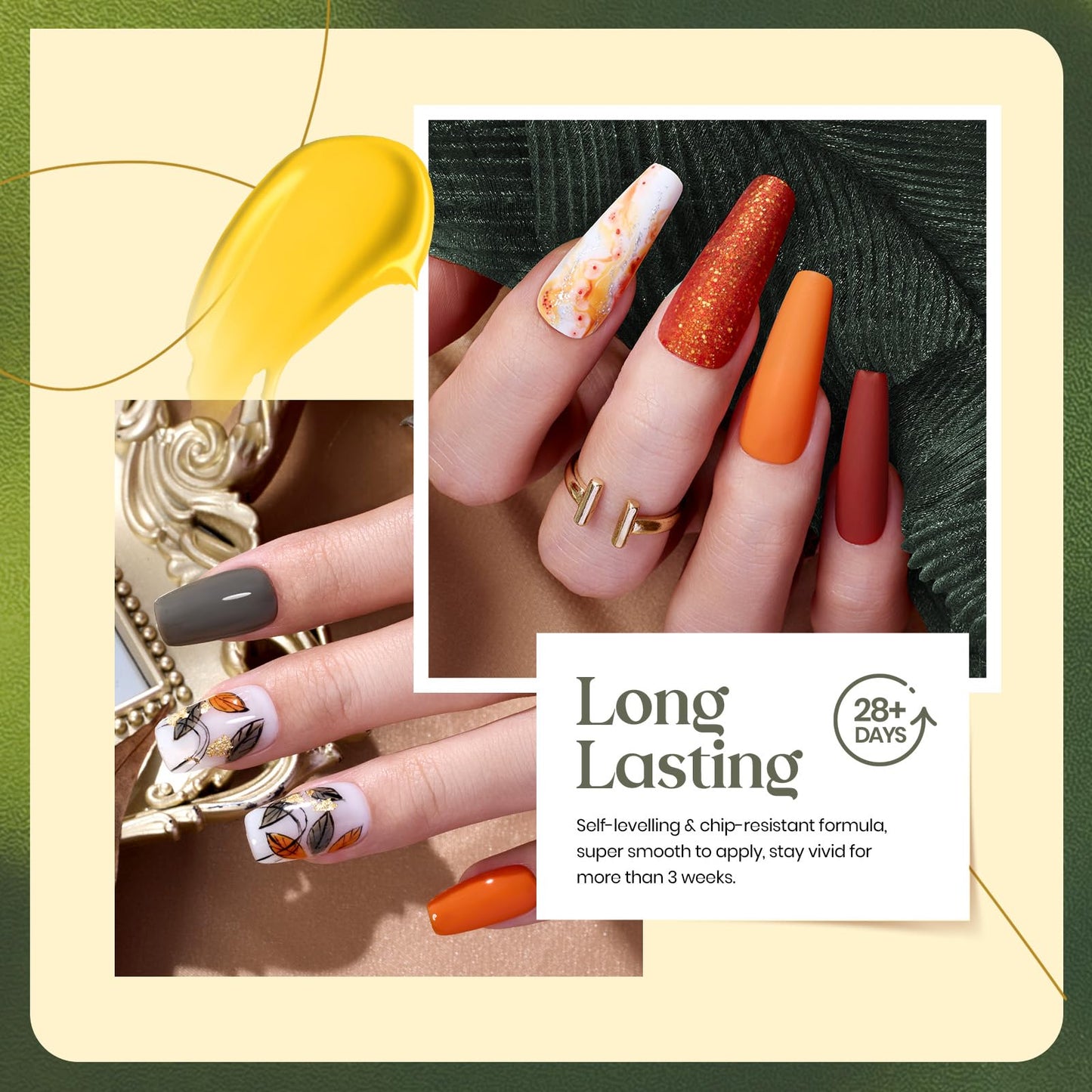 Beetles Gel Nail Polish Set 6Pcs Brown Green Yellow Burgundy Orange Glitter Gel Polish Nails Art Soak off Uv LED Manicure Gift Set Golden Season Collection 2024 Nail Trend Gift for Women