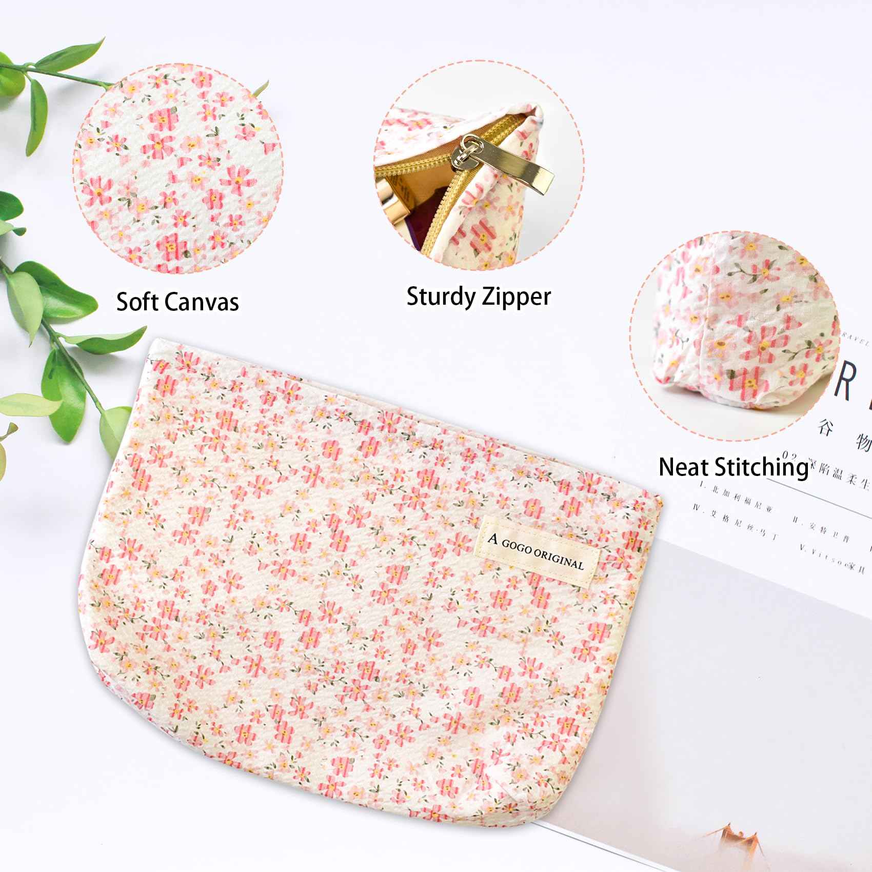 Loyzcy Aesthetic Makeup Bag Cotton, Quilted Floral Make up Bags, Make Up Pouch, Toiletry Bag Women, Floral makeup bag, Cosmetics Organizer Pouch, Pencil Case for Daily Use (Pink)