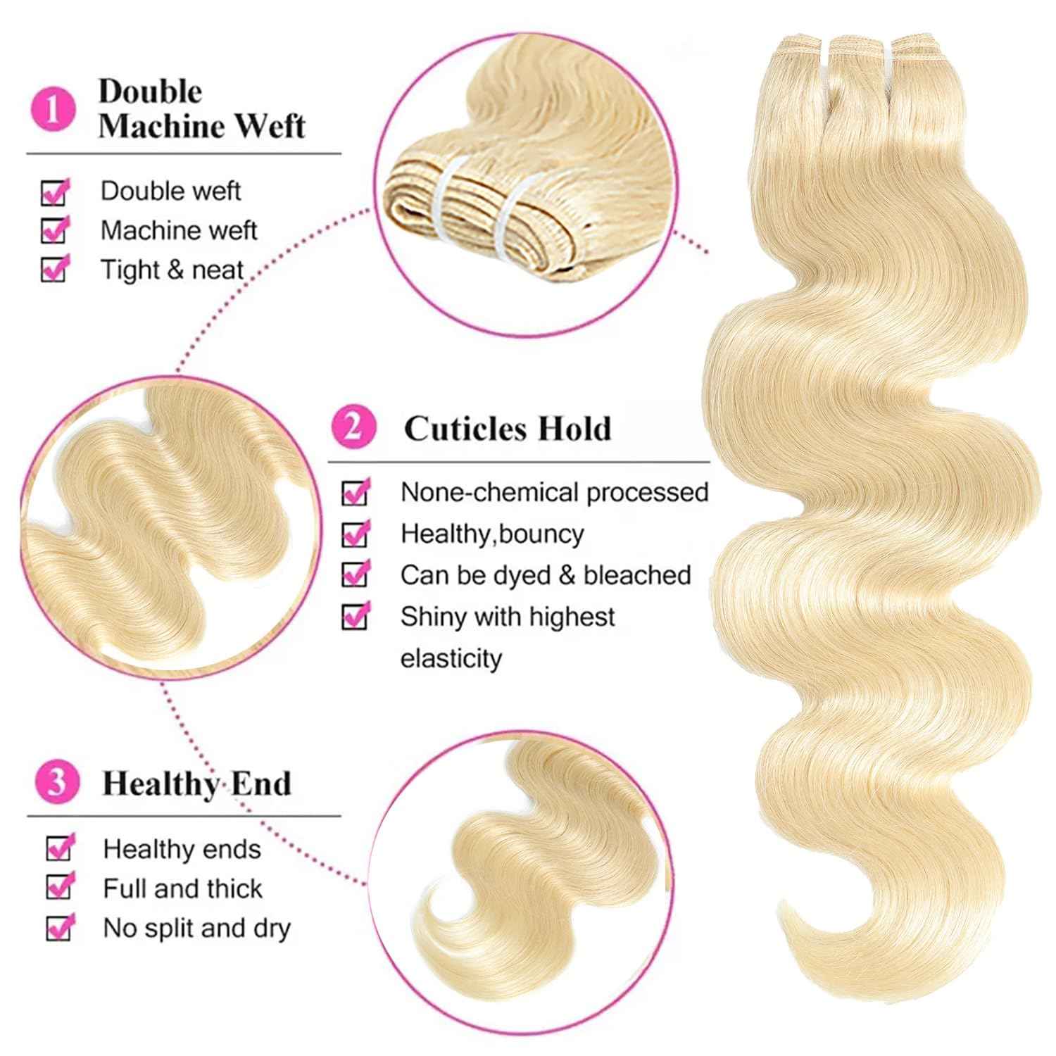 613 Bundles Blonde Human Hair Single Bundle 14 inch 1 Bundle Body Wave 100% Unprocessed 12A Brazilian Virgin 613 Human Hair Bundles 100g One Bundle Tangle-free Wavy Weave