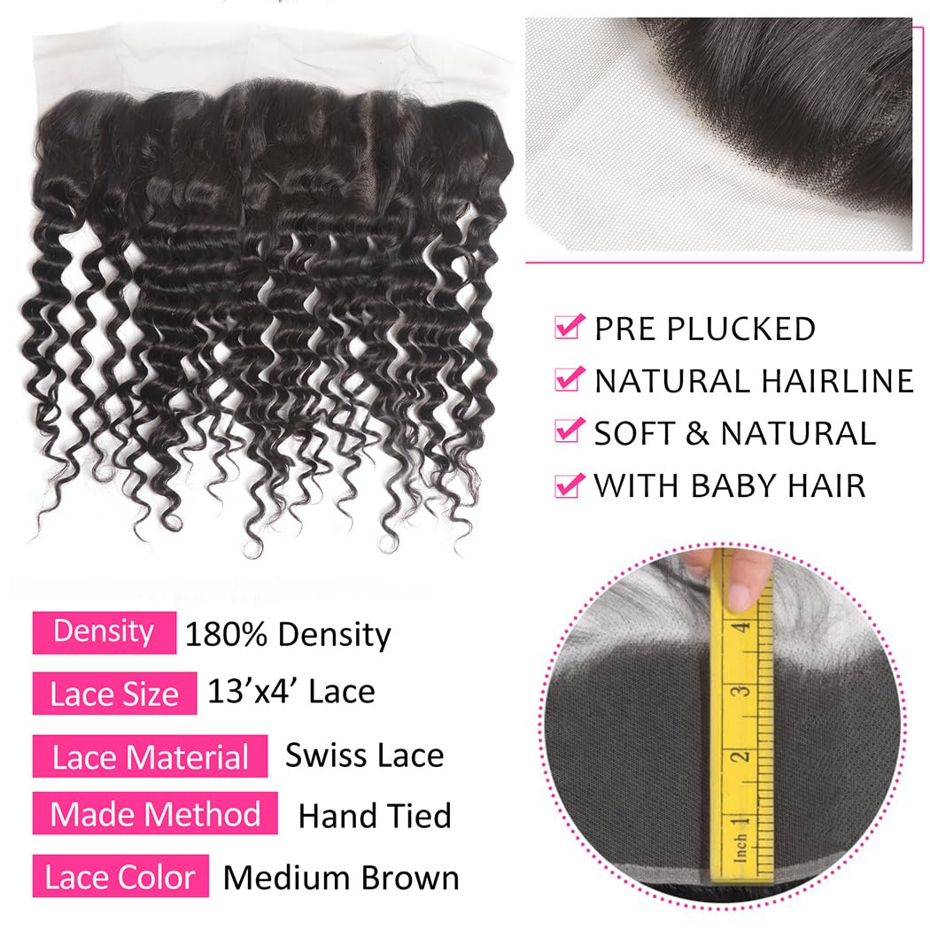 Odir 13x4 Lace Frontal Deep Wave Human Hair 180% Density Unprocessed 9A Deep Curly Virgin Hair 13x4 Ear to Ear Lace Closure Frontal with Baby Hair Natural Color 16 Inch