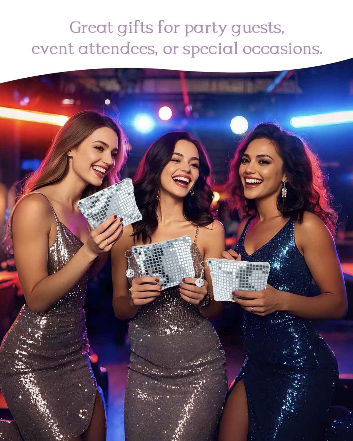 RGBDOT 12 Pack Disco Ball Makeup Bag - Disco Party Decorations and Favors, Sequin Mirror Cosmetic Bag for Women