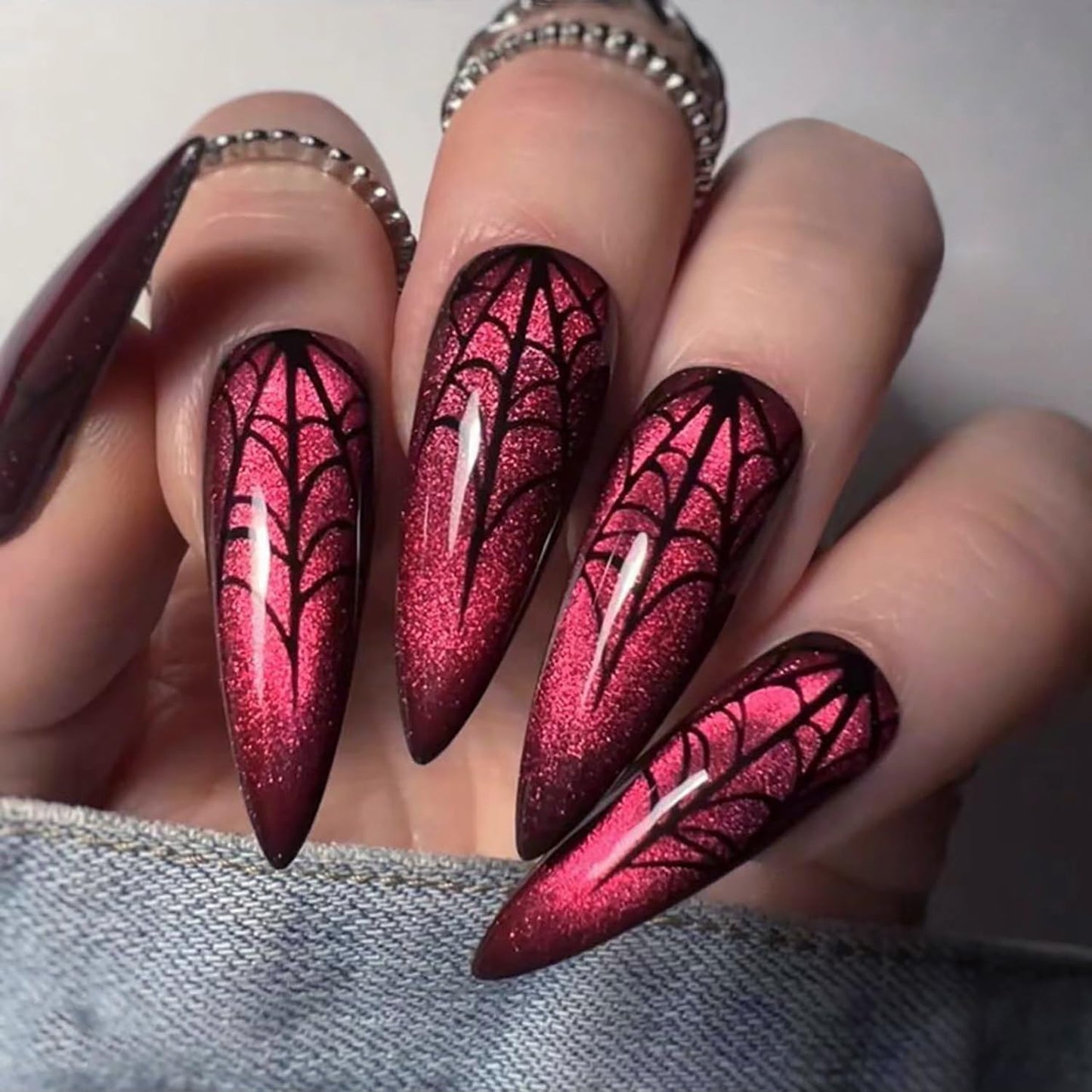 24 Pcs Halloween Nails Long Press on Nails Almond Fake Nails Dark Red Sparkly RIICFDD False Nails With Spider Web Pattern Designs Full Cover Glossy Stick on Nails for Women and Girls Artificial Nails