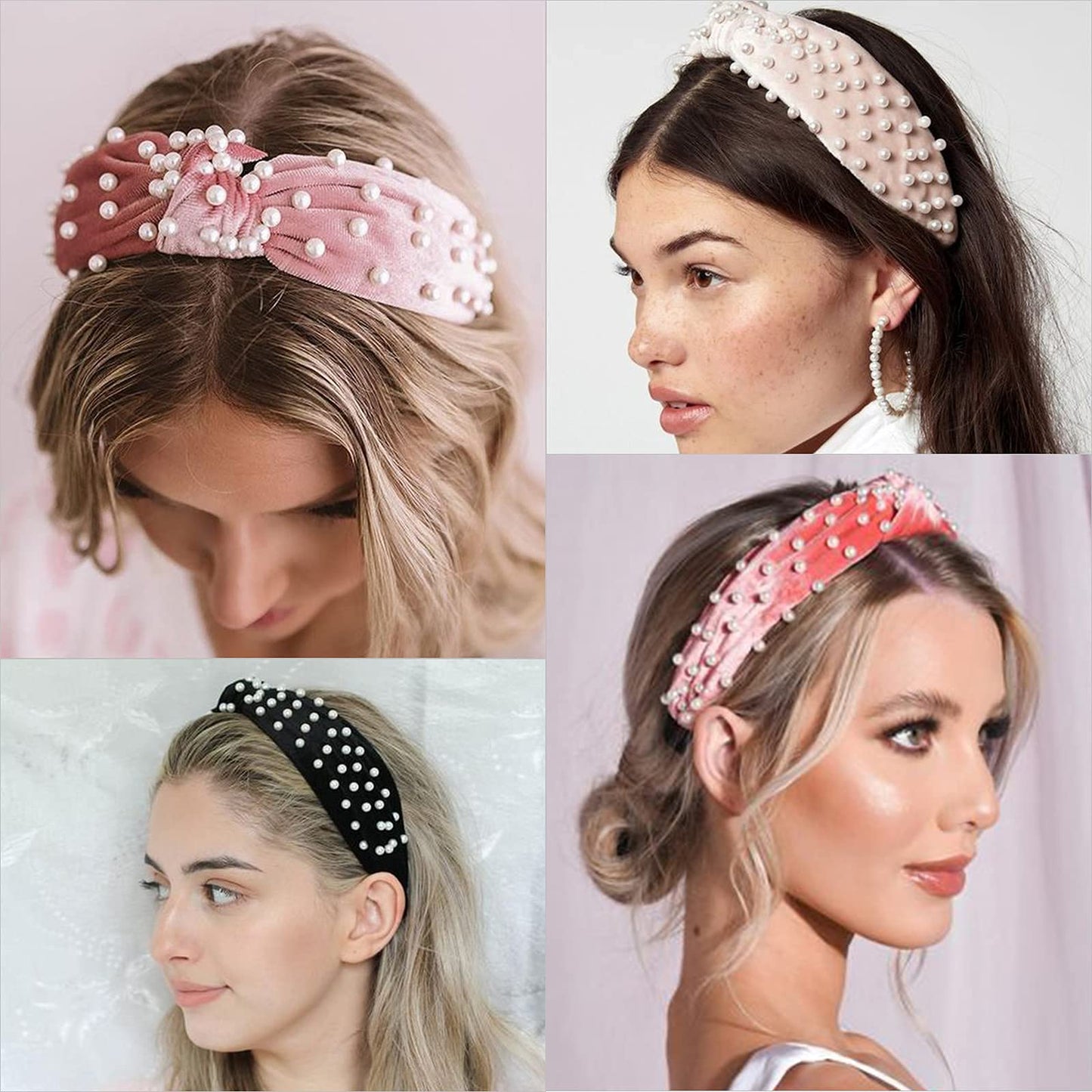 DRESHOW 4 Pack Velvet Pearl Headbands for Women Girls Bow Turban Vintage Boho Head Bands Wraps Hoop Hair Accessories Gift