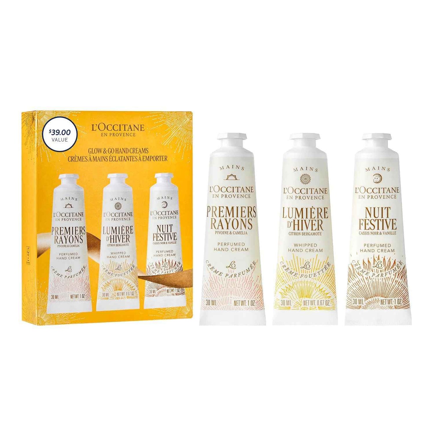 L'OCCITANE Glow & Go Hand Cream Trio: Gift Holiday Hand Creams Featuring notes of Peony, zesty Lemon, & creamy Vanilla.