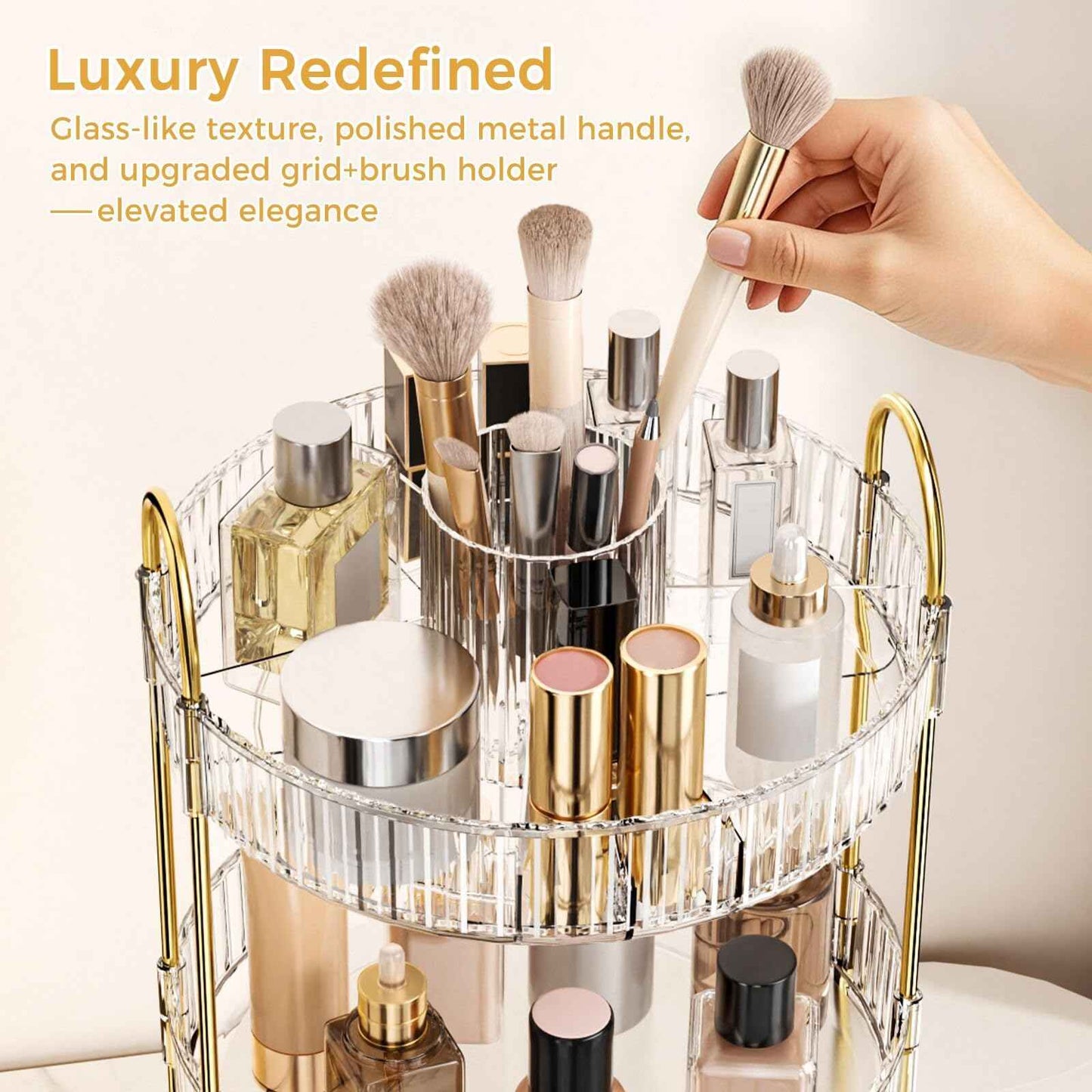 360° Rotating Makeup Organizer, Large-Capacity Skincare Make Up Storage 3 Tier Perfume Organizers Cosmetic Dresser Organizer with Makeup Brush Holder, Fits Bedroom, Bathroom, Vanity Shelf Countertop
