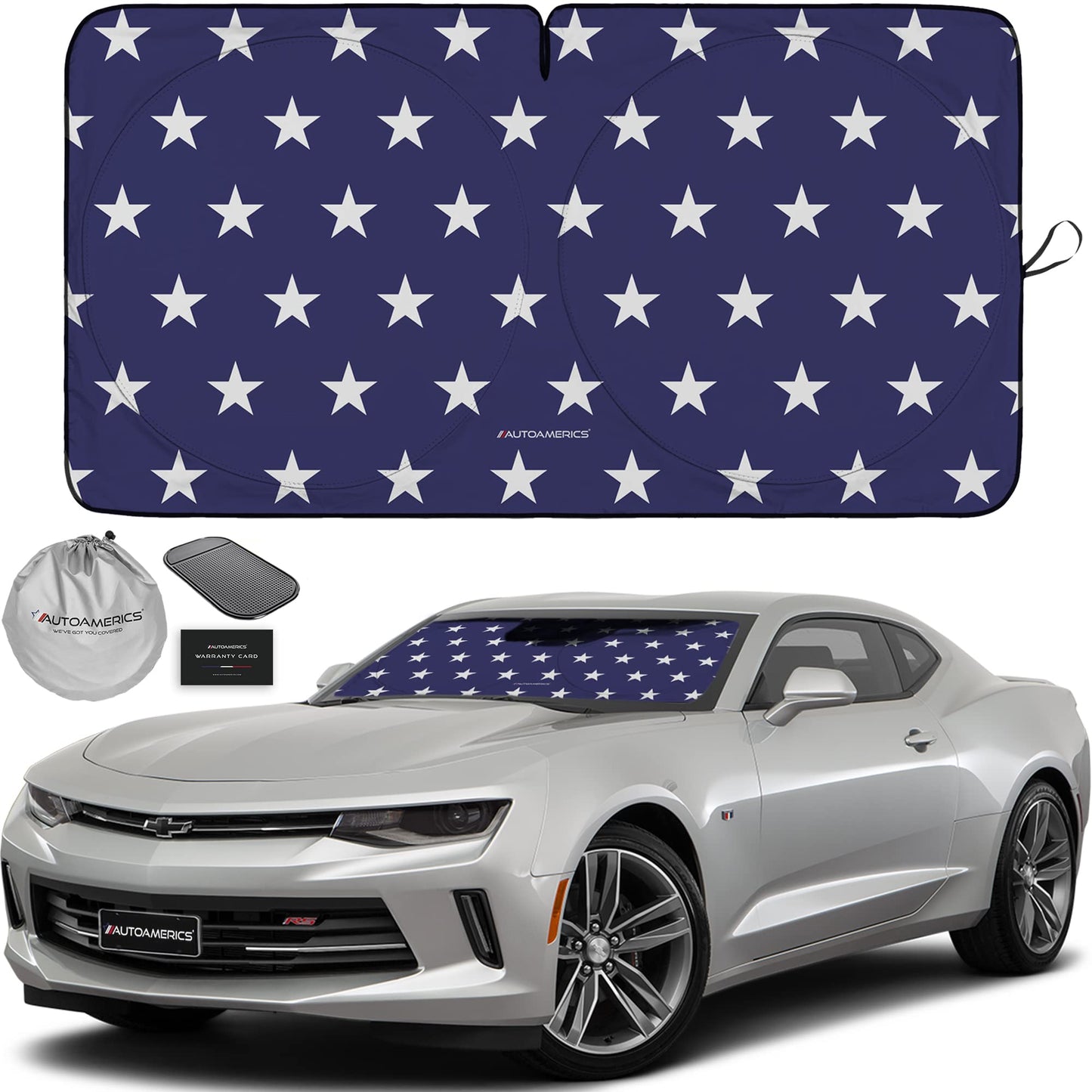 Autoamerics 1-Piece Windshield Sun Shade American Stars Flag USA Patriotic Design - Foldable Car Front Window Sunshade for Sedans SUV Truck - Blocks Max UV Rays and Keeps Your Vehicle Cool - Small