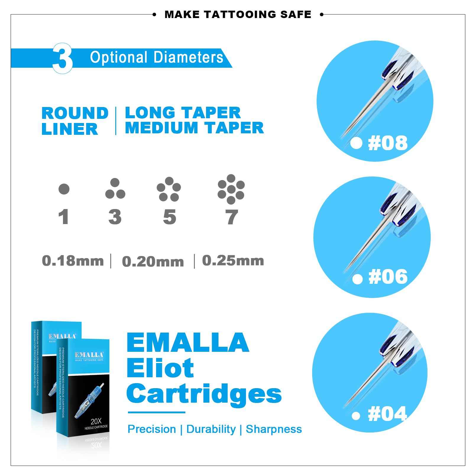 Emalla ELIOT Tattoo Cartridge Needles, 20Pcs Premium Tattoo Needles #10 Bugpin Curved Magnum Tattoo Cartridges 1023CML Tattoo Needles Diameter 0.30mm Long Taper 5.0mm for Machine Tattoo Supplies