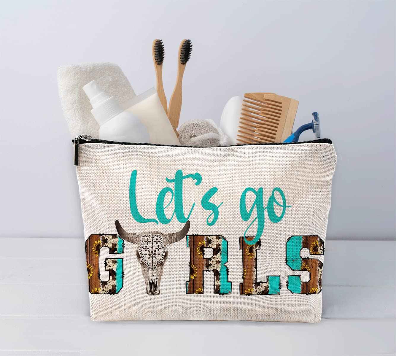 Sufamb Let's Go Retro Western Country Bull Skull Makeup Bag, Cowgirl Cosmetic Pouch for Women, Christmas & Birthday Gift for Teen Girls