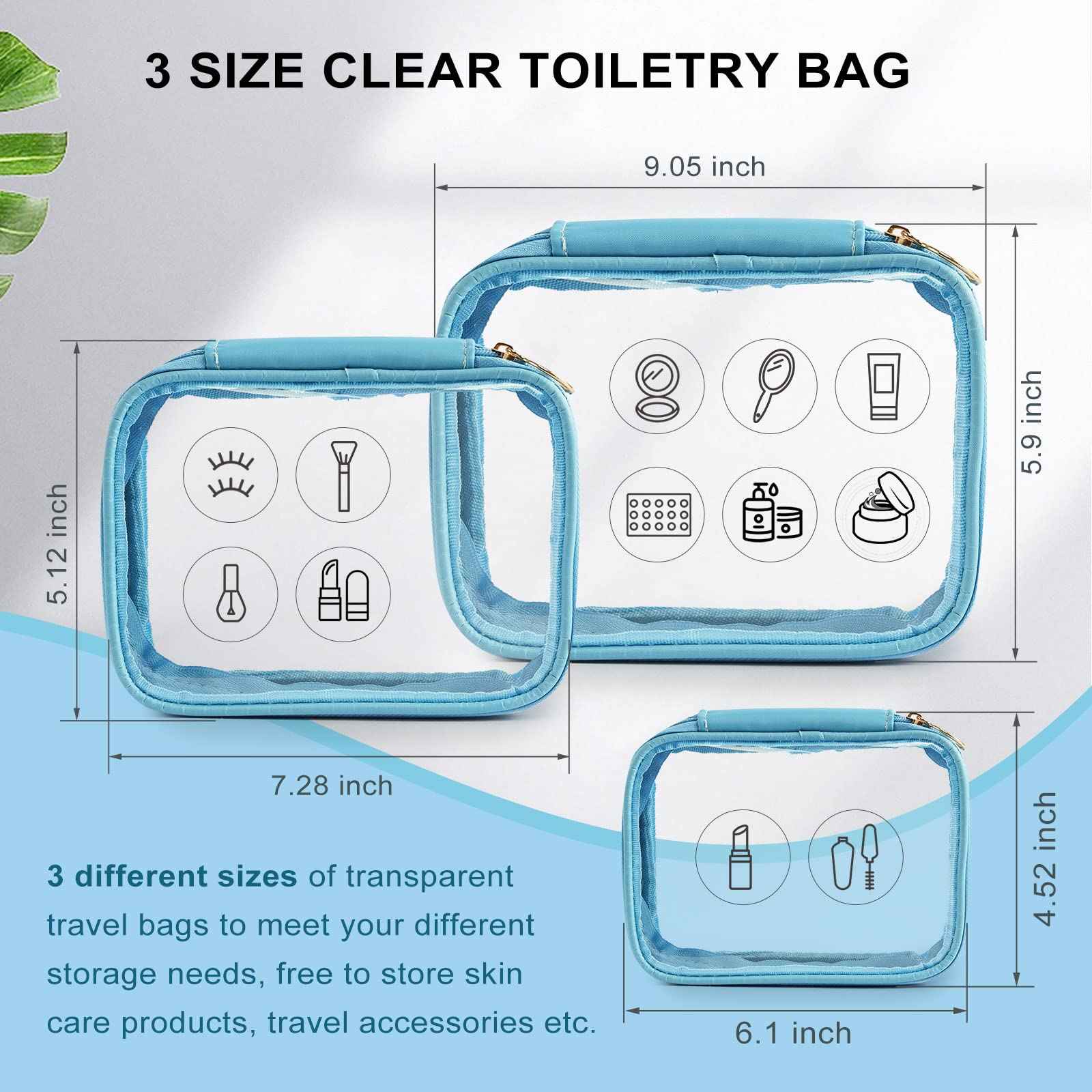 DARIN Clear Toiletry Bag 3Pack TPU Makeup Cosmetic Bag TSA Approved Toiletry Bag, Waterproof Travel Liquid Bag for Air Flight, Clear Travel Carry On Pouch for Women and Men (1L+1M+1S,Clear Blue)