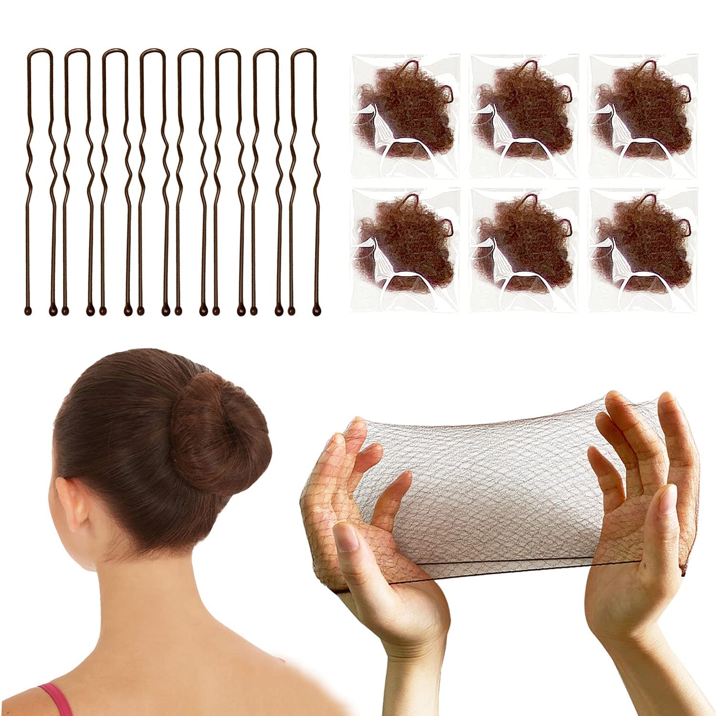 Invisible Hair Nets and U-Shaped Pins Set - 50 Mesh Hair Nets with Elastic Edge and 10 Positioning Pins for Women's Bun Hairstyles (Brown)