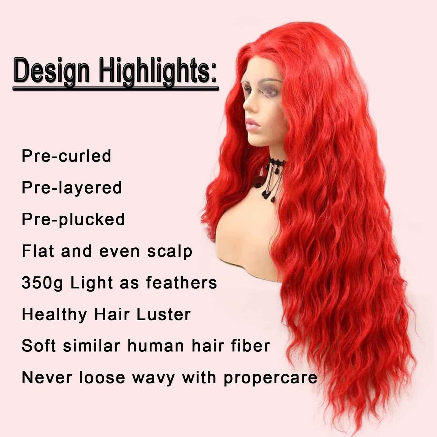 AFBeauty Bright Red Synthetic Lace Front Wig for Women Pastel Red Lace Front Wigs Pre Plucked Hairline Long Loose Wavy Curly Synthetic Lace Front Wig Glueless Heat Resistant 26 Inch Daily Cosplay