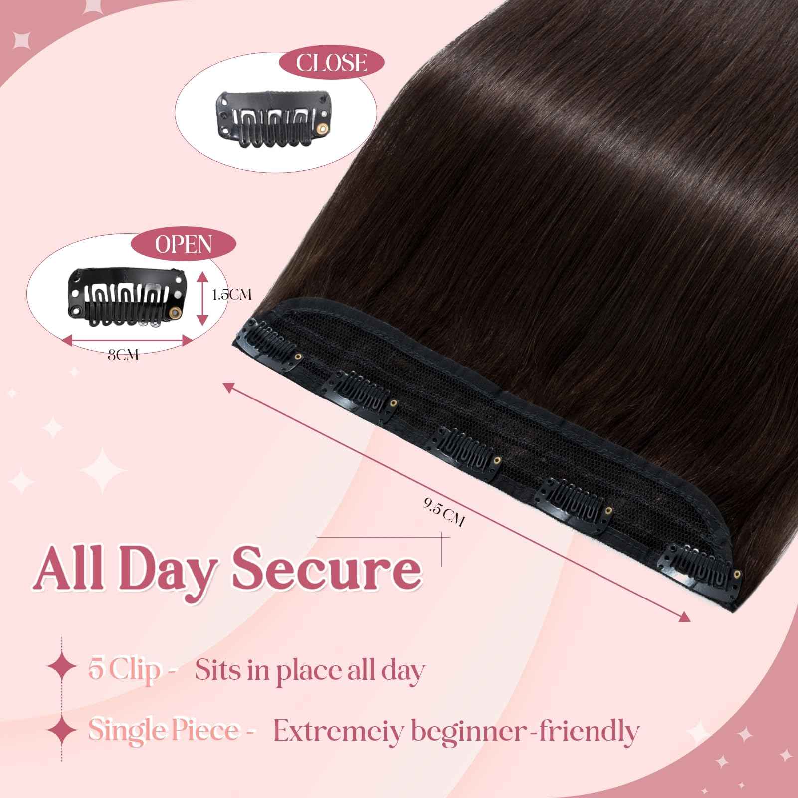 SEGOHAIR Clip In Hair Extensions for women One Piece 5 Clips Real Human Remy Hair Extension Long Straight Hairpieces for women 16 Inches #02 Dark Brown