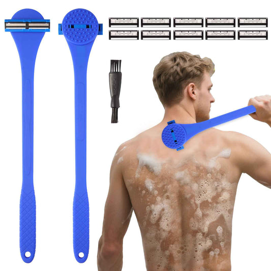 Back& Body Shaver for Men,Back Hair Trimmer for Men with Long Bendable Ergonomic Silicone Handle,10 of The Wet or Dry Disposable Razor Blades,Bath Brush Included(Blue)