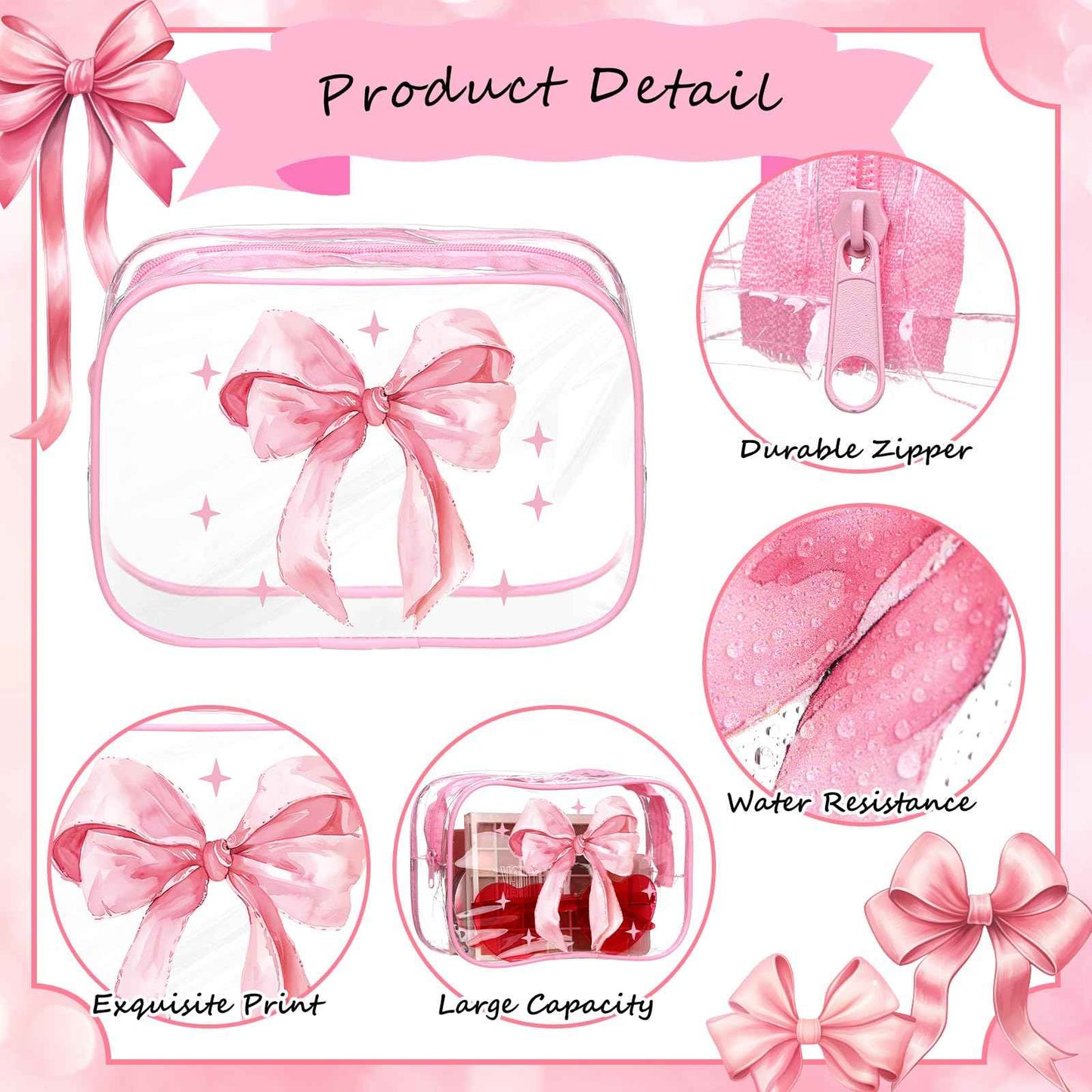 Kacctyen Pink 10 Bow Clear Makeup Bag Coquette Cosmetic Bag for Women Girl Christmas Preppy Bow Gift Accessories PVC Waterproof Travel Toiletry Pouch for Stocking Stuffer Bridal Wedding