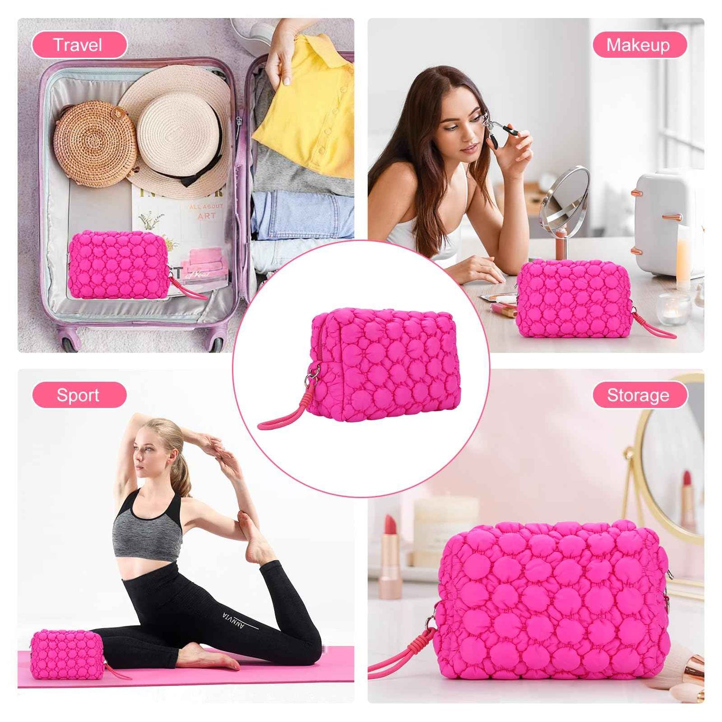 ZORVIC Quilted Ruffle Makeup Bag, Travel Toiletry Organizer for Women with Wrist Strap, Cute Aesthetic Cosmetic Bag for Daily, Work, Ideal Gift (HOT PINK)