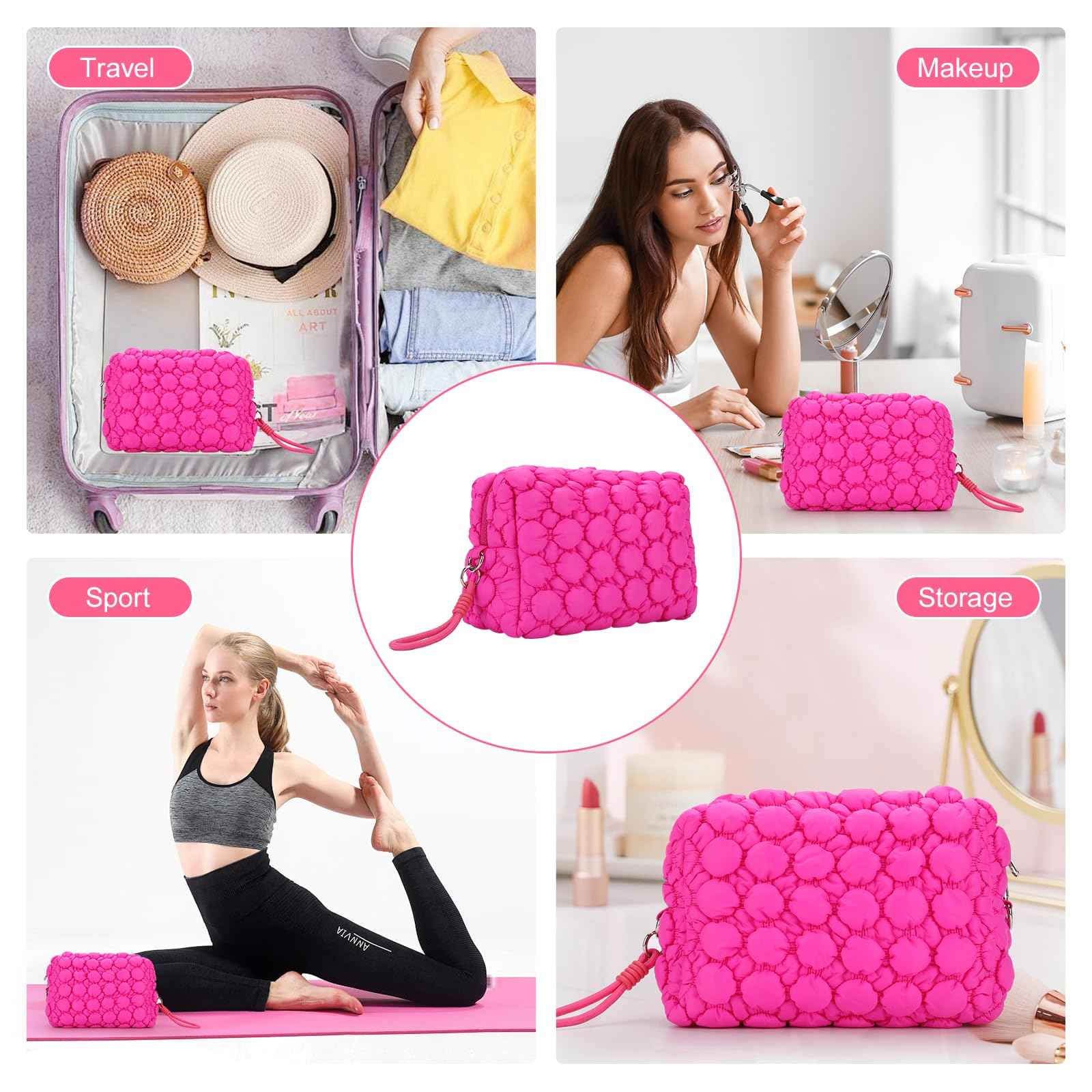 ZORVIC Quilted Ruffle Makeup Bag, Travel Toiletry Organizer for Women with Wrist Strap, Cute Aesthetic Cosmetic Bag for Daily, Work, Ideal Gift (HOT PINK)