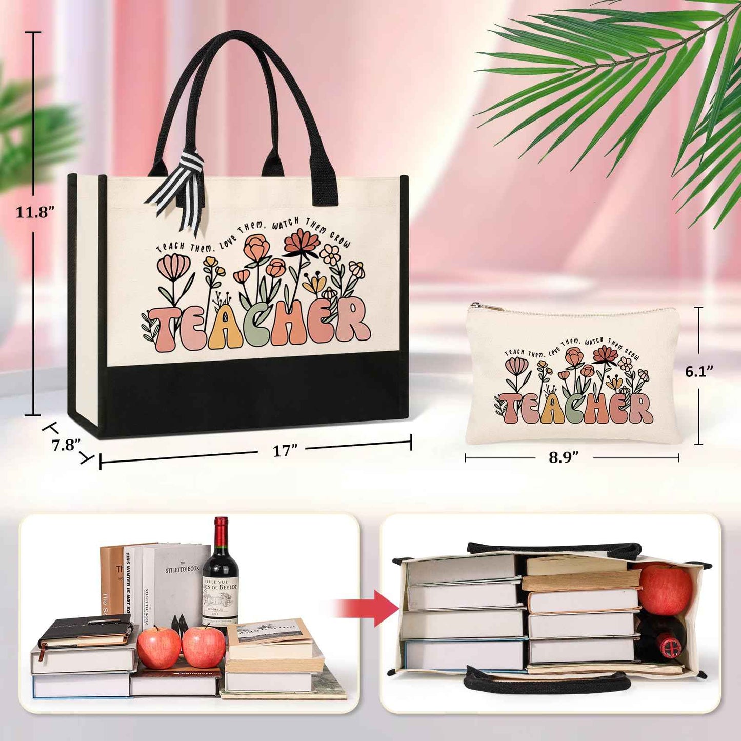 Canvas Tote Bag Makeup Bag for Women - Personalized Teacher Appreciation Gifts