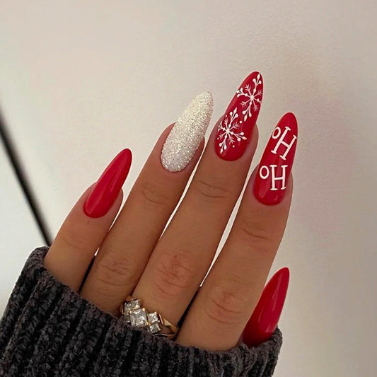 Christmas Red Nails Press on Nails Medium Almond Fake Nails with Designs Snowflake Glitter Glossy Full Cover Acrylic Short False Nails Xmas Winter Glue on Nails for Women and Girls 24Pcs