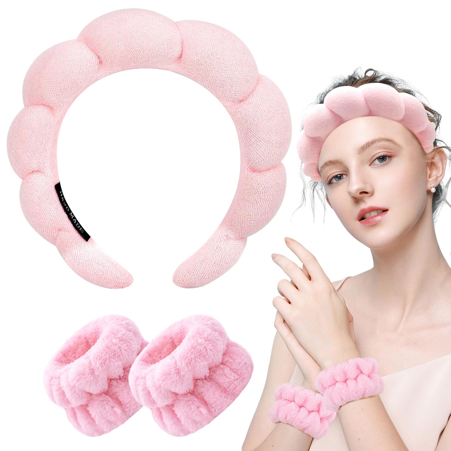 Zkptops Spa Headband for Washing Face Wristband Sponge Makeup Skincare Headband Terry Cloth Bubble Soft Get Ready Hairband for Women Girl Puffy Padded Headwear Non Slip Thick Hair Accessory(Pink)