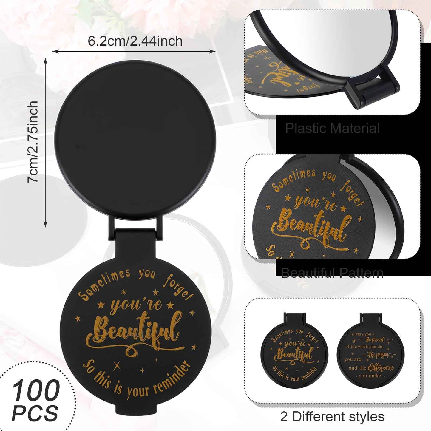 100pcs Black Compact Mirror Bulk Gifts for Women, Mini Inspirational Purse Handheld Makeup Pocket Mirror, Round Portable Makeup Folding Mirrors Gift for Christmas Valentine Daily Travel Coworker