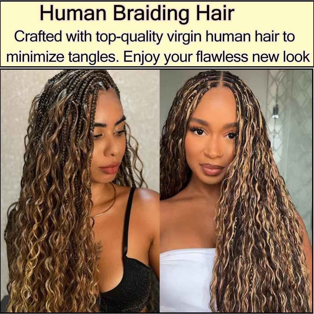 MYMYDA Human Braiding Hair for Boho Braids 14 Inch Curly Deep Wave Bulk 2 Bundles 100g 100% Unprocessed Virgin Hair Knotless Bohemian Braids Extensions Highlight Honey Blonde Color