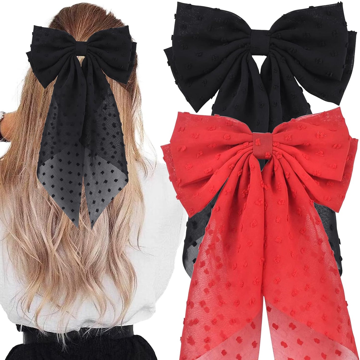 2PCS Large Hair Bows Ribbon Hair Clips, Double Layers Big Bow Hair Clip With Long Tail Ribbon Bowknot Hair Barrettes, Ponytail Holder Hair Accessories for Women Girls (Black+Red)