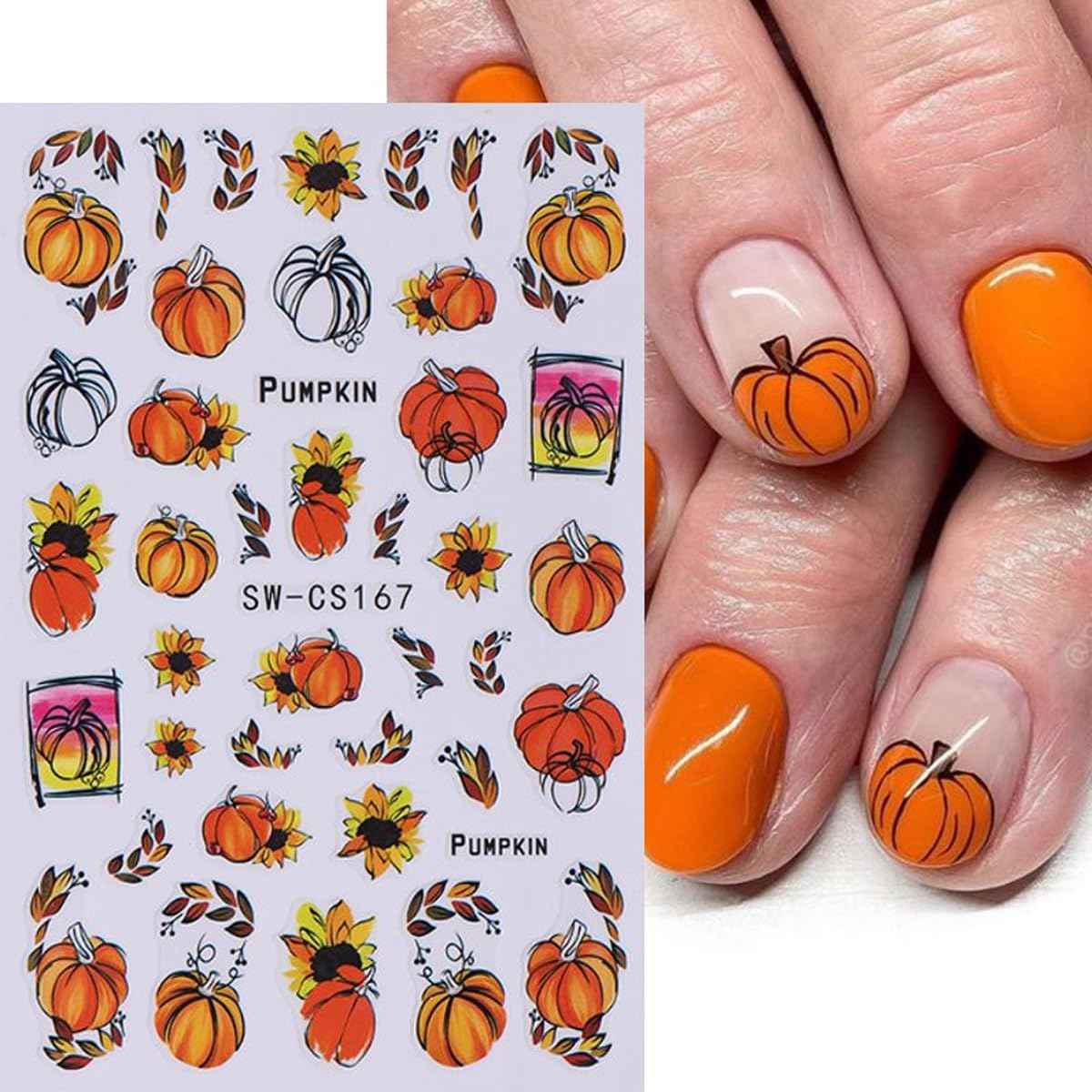 6Sheets Fall Pumpkin Nail Stickers,3D Thanksgiving Day Nail Art Stickers Autumn Maple Leaves Fruit Fallen Leaves Sunflower Design Decals Halloween Holiday DIY Manicure Decoration Accessories