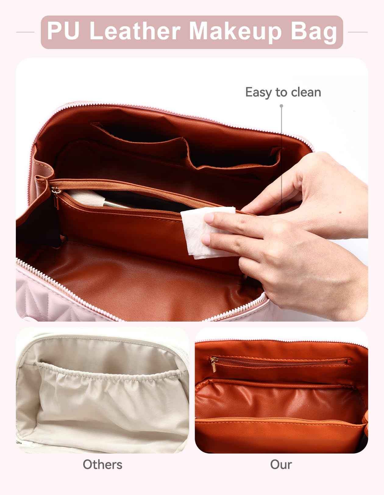 VIDIBESTY Travel Makeup Bag for Women, Large Capacity Cosmetic Bags for Girls, Compact Pouch Make up Organizer, Waterproof Toiletry Bag with Divider and Handle (Pink)