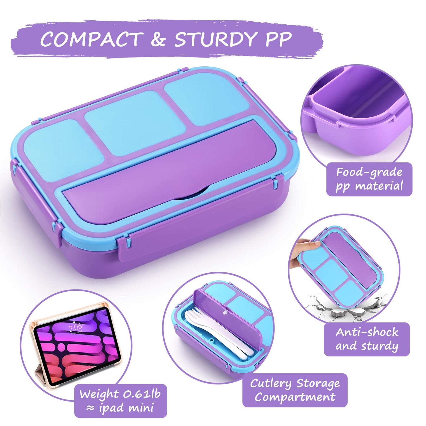 QQKO Bento Lunch Box with 4 Compartments, Sauce Container, Utensils, Food Picks and Muffin Cups for School - Purple