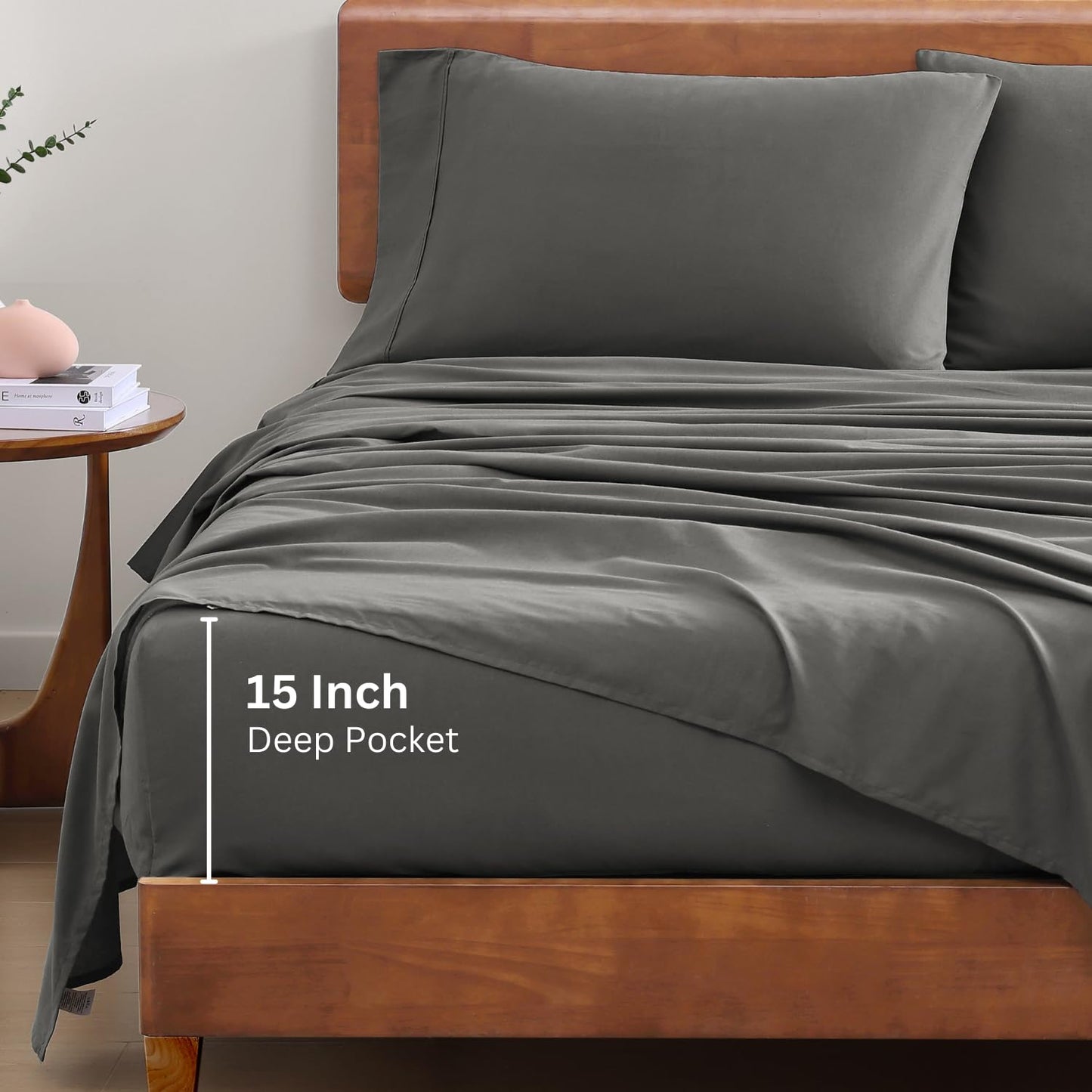 LANE LINEN 100% Organic Cotton Sheets Set, 3Pc Bed Sheets Twin Size, Classic Percale Weave, Breathable Twin Cotton Sheet Set, 15" Twin Deep Pocket Sheet Sets, Oeko-Tex Sheets - Charcoal