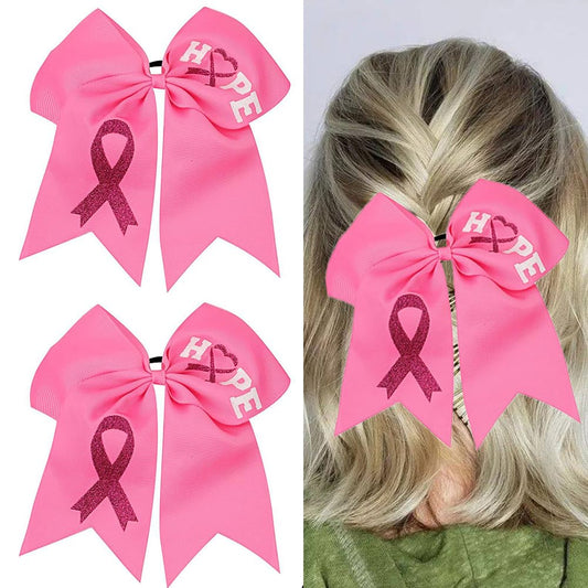 2PCS 7" Large Breast Cancer Awareness Cheer Hair Bows, Glitter Pink Ribbon Bow Ponytail Holder for Cheerleader Girls Cheerleading Hair Accessories Elastic Hair Band for Kids Women Breast Cancer Month