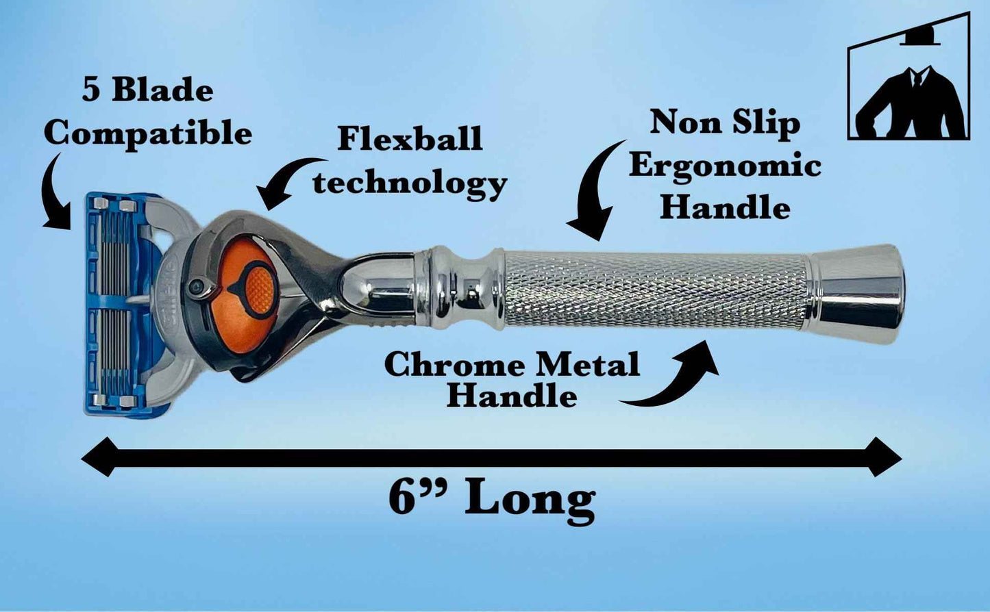Flex Ball Handle Shaving Razor – All Chrome Long Handle Razor with Flex Pivot Technology & Diamond Knurled Grip for Men’s Precision Shaving
