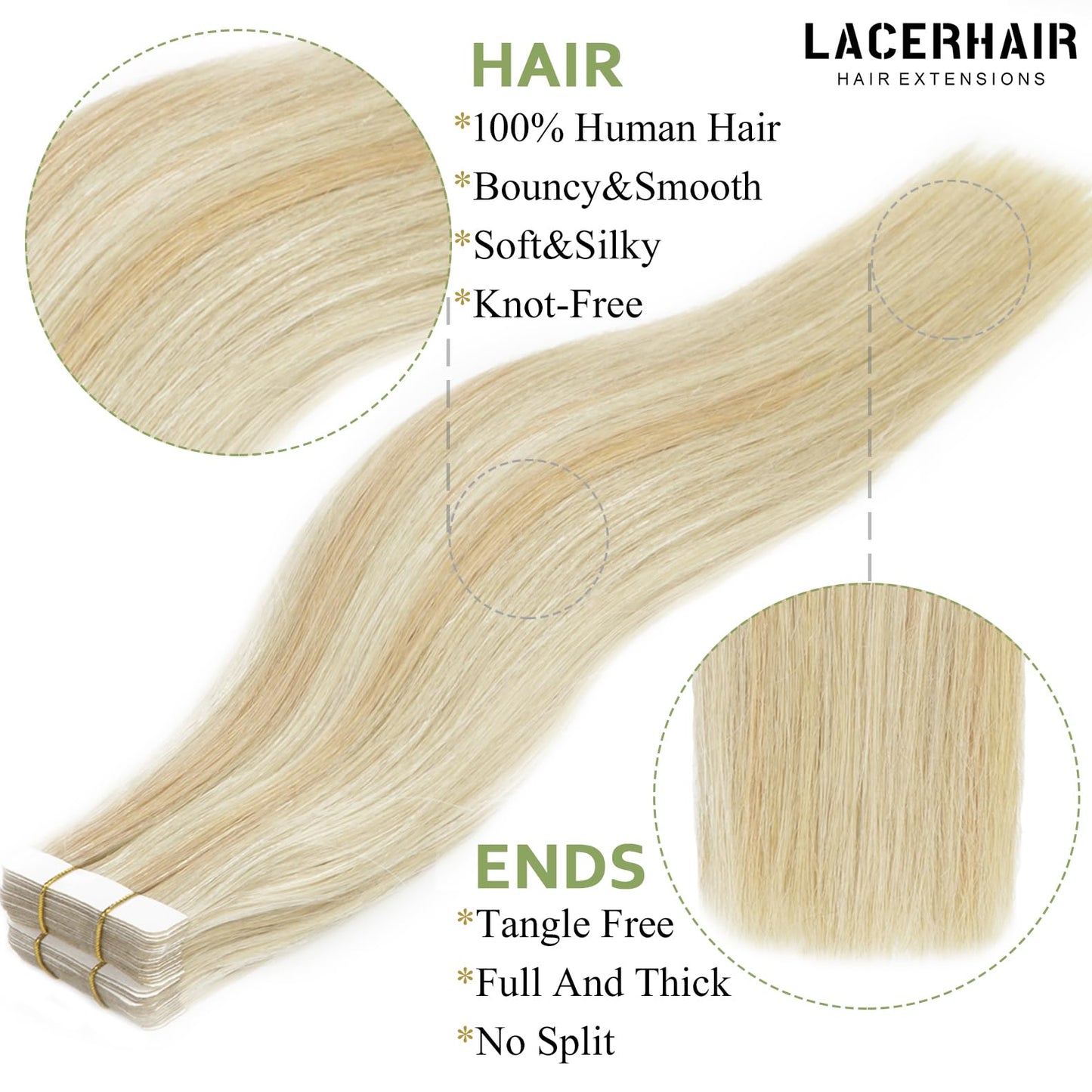 Lacerhair Tape in Remy Hair Extensions Human Hair Tape in 14 Inch Color Balayage Dark Ash Blonde Mixed Light Platinum Blond P#18/60A Real Human Hair Extensions Tape in Hair Extension 20PCS 50G