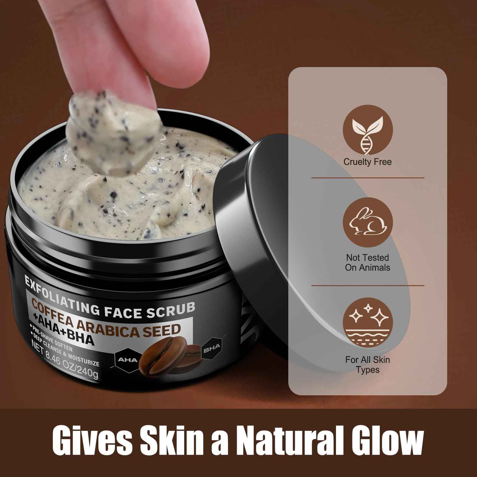 Face Scrub for Men, Facial Scrub for Deep Exfoliating, Cleansing, Removing Blackheads, Ingrown Hairs, Pre-shave Soften, Organic Formulated with Coffee Extract, AHA and BHA Face Exfoliator (8.46 oz)