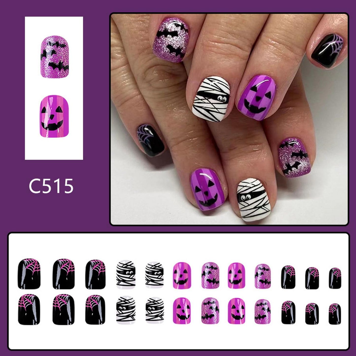 Halloween Press on Nails Short Square Mummy Fake Nails Purple Full Cover Pumpkin Monster False Nails with Designs Glitter Glossy Glue on Nails Cute Acrylic Nails Artificial Nails for Women Girls