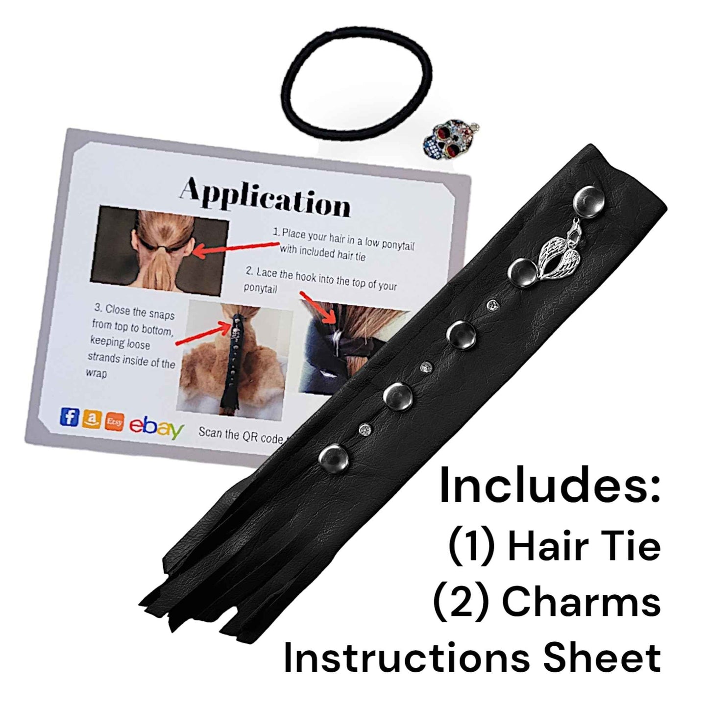 Black Leather Hair Wrap 8" Inch - Ponytail Wrap & Long Hair Protector for Biker Helmet | Motorcycle Accessories for Women with Fringe | Made in USA | Accessory